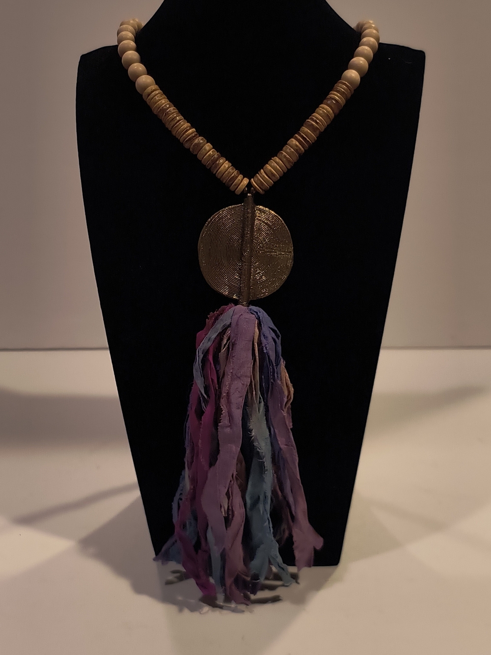 Boho Wooden Bead Statement Necklace Hammered Brass Medallion Raw Silk Tassel